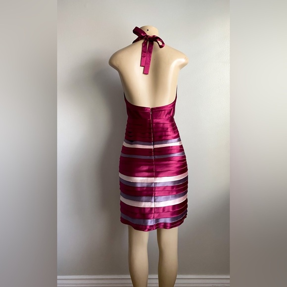 BCBGMAXAZRIA Satin Tiered Halter Y2K Mini Bodycon Backless Shutter Pleatef Dress - Picture 6 of 11
